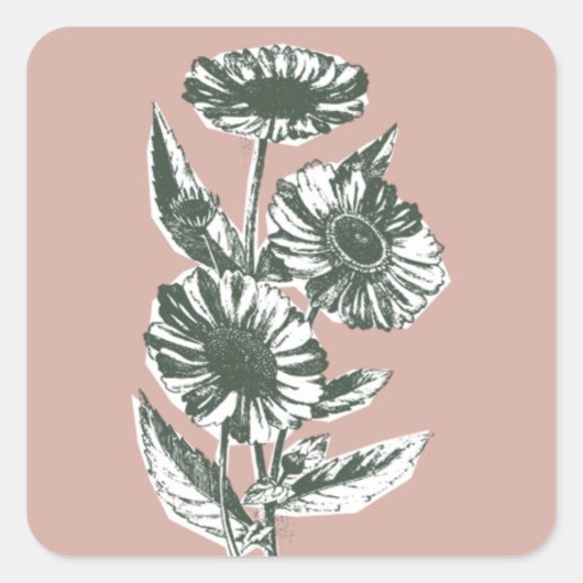 ヴィンテージフローライラストレーション封筒用シール – ピンク スクエアシール (正面)