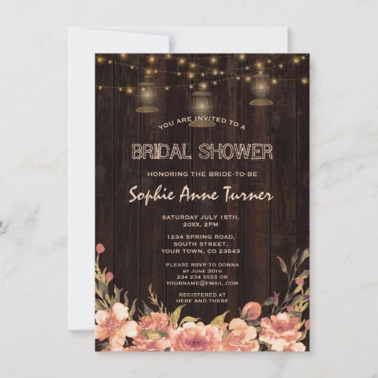 ヴィンテージフローラウッドオールドランタンブライダルシャワー 招待状 (正面)