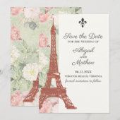 ヴィンテージフローラエッフェルタワーパリグリーン結婚ズ セーブザデート (正面/裏面)
