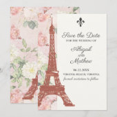 ヴィンテージフローラエッフェルタワーパリピンク結婚ズ セーブザデート (正面/裏面)