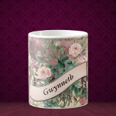 ヴィンテージフローラエフェメラとピンクリボンモノグラム コーヒーマグカップ