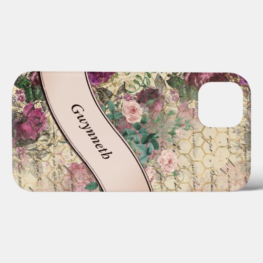 ヴィンテージフローラエフェメラとピンクリボンモノグラム Case-Mate iPhoneケース (裏面 (横))