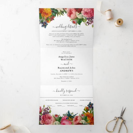 ヴィンテージフローラエレガントウェディング 三つ折り招待状 (内部)