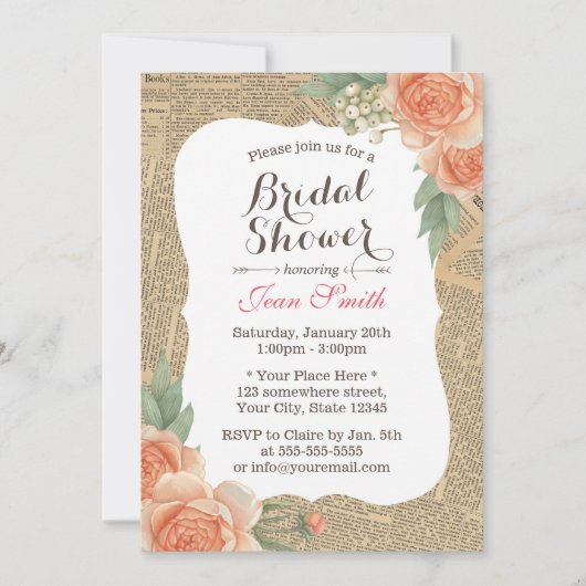 ヴィンテージフローラエレガントブックページブライダルシャワー 招待状 (正面)
