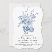 ヴィンテージフローラエレガントブルーホワイトベビーガールシャワー 招待状 (正面)