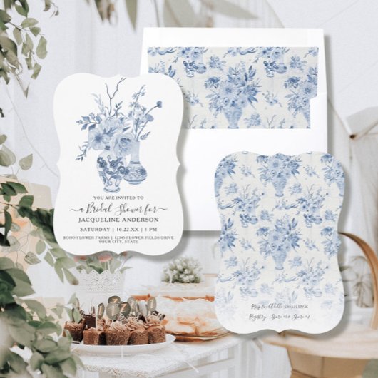 ヴィンテージフローラエレガントブルーnホワイトブライダルシャワー 招待状