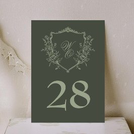 ヴィンテージフローラオリーブセージ結婚クレストモノグラム テーブルナンバー