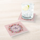 ヴィンテージフローラカスタムリングや輪モノグラム文字ピンク ガラスコースター (アングル)