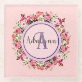 ヴィンテージフローラカスタムリングや輪モノグラム文字ピンク ガラスコースター (正面)