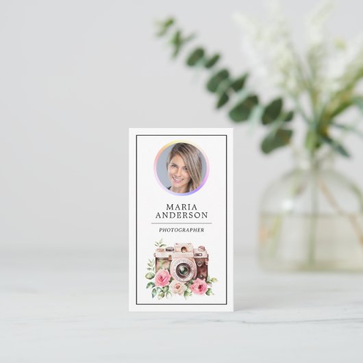 ヴィンテージフローラカメラフォトQRコードフォトグラファー 名刺 (スタンド正面)