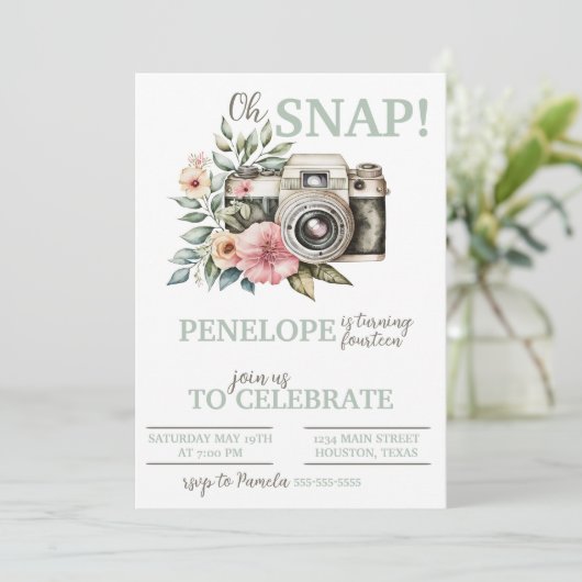 ヴィンテージフローラカメラ誕生日パーティーへの招待 招待状 (スタンド正面)