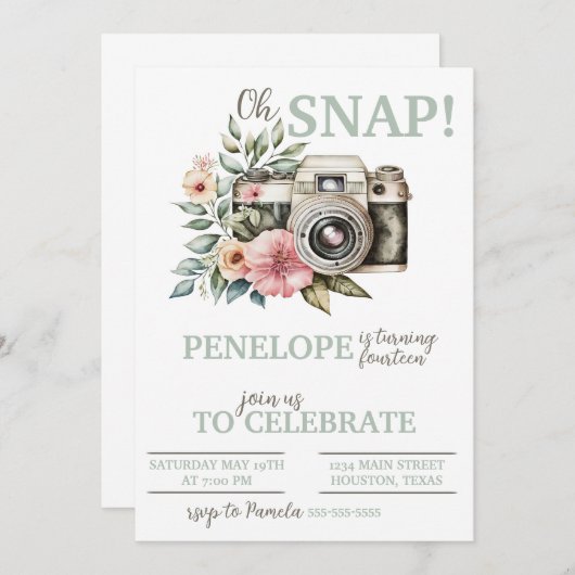 ヴィンテージフローラカメラ誕生日パーティーへの招待 招待状 (正面/裏面)