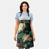 ヴィンテージフローラガーデンエレガントピーニーグリーンアイボリー エプロン (着用した状態)