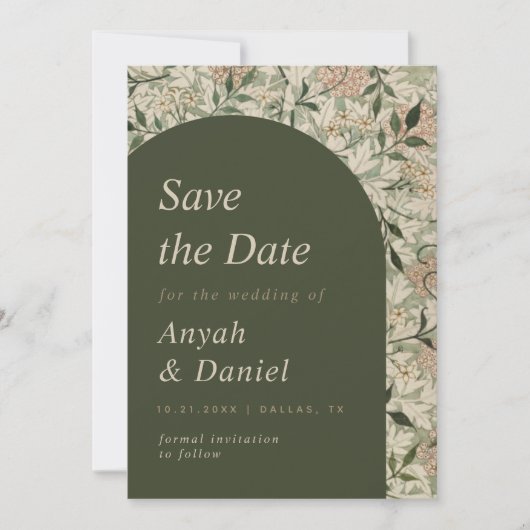 ヴィンテージフローラガーデンモスグリーンアーチ自然テーマ セーブザデート (正面)