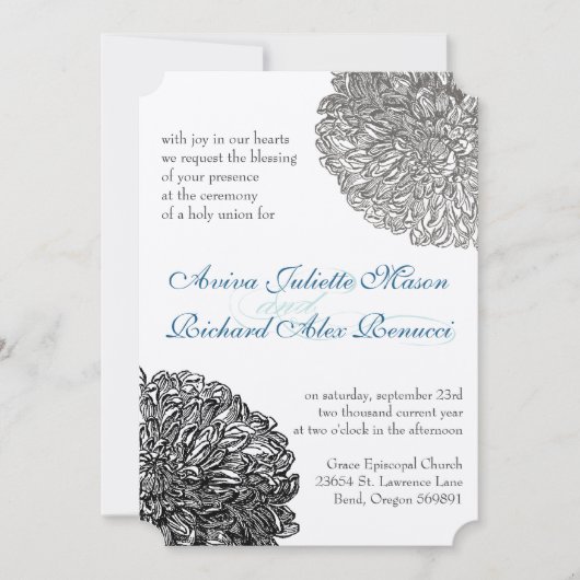 ヴィンテージフローラキクのグレーとブルー 招待状 (正面)