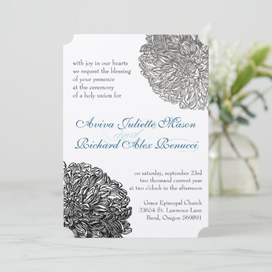 ヴィンテージフローラキクのグレーとブルー 招待状 (スタンド正面)