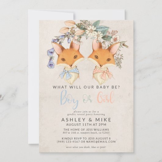 ヴィンテージフローラキツネベビー性別リビールシャワー 招待状 (正面)