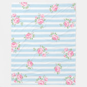 ヴィンテージフローラクラシックホワイトストライプローズピンク フリースブランケット (正面)