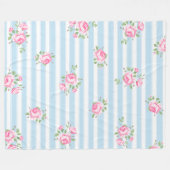 ヴィンテージフローラクラシックホワイトストライプローズピンク フリースブランケット (正面(横))