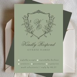ヴィンテージフローラクレストオリーブセージ結婚モノグラム 出欠カード