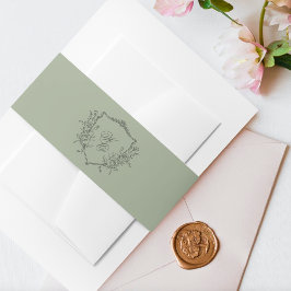 ヴィンテージフローラクレストオリーブセージ結婚モノグラム 招待状ベリーバンド