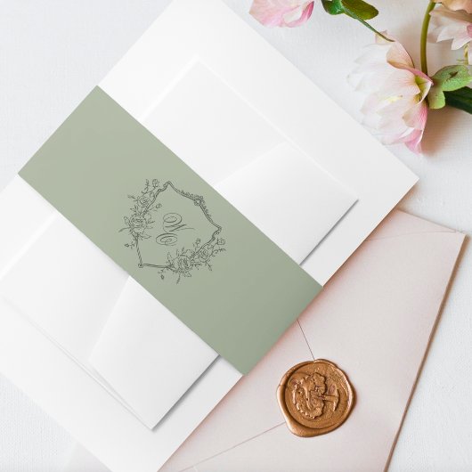 ヴィンテージフローラクレストオリーブセージ結婚モノグラム 招待状ベリーバンド