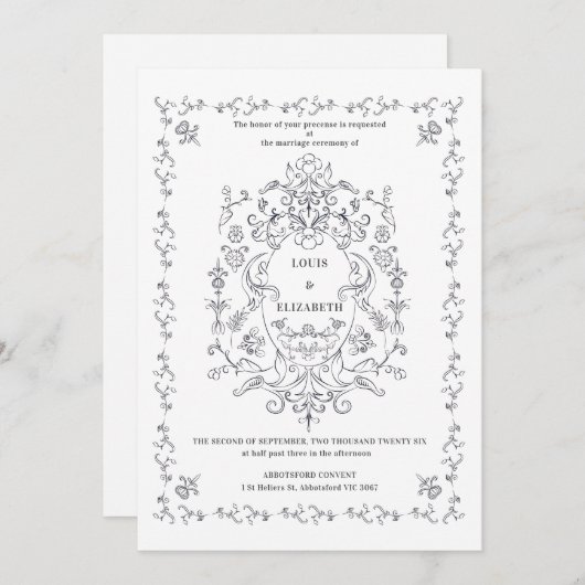 ヴィンテージフローラクレストオーナメントロマンティック 招待状 (正面/裏面)