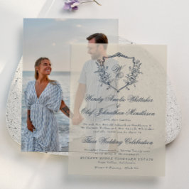 ヴィンテージフローラクレストクリーム&ネイビーモノグラム結婚ズ ベラム紙招待状