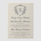 ヴィンテージフローラクレストクリーム&ネイビーモノグラム結婚ズ ベラム紙招待状 (正面)