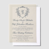 ヴィンテージフローラクレストクリーム&ネイビーモノグラム結婚ズ ベラム紙招待状 (オフセット)