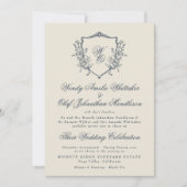 ヴィンテージフローラクレストクリーム&ネイビーモノグラム結婚ズ 招待状 (正面)