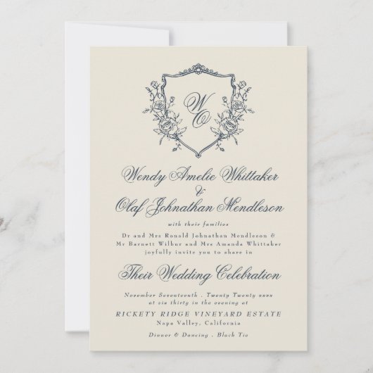 ヴィンテージフローラクレストクリーム&ネイビーモノグラム結婚ズ 招待状 (正面)