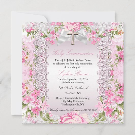 ヴィンテージフローラクロスファースト聖餐式ピンクB 招待状 (正面)