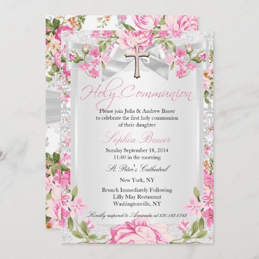 ヴィンテージフローラクロス第1コミューションピンク 招待状 (正面/裏面)