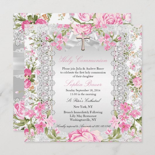 ヴィンテージフローラクロス第1コミューニオンピンク4 招待状 (正面/裏面)