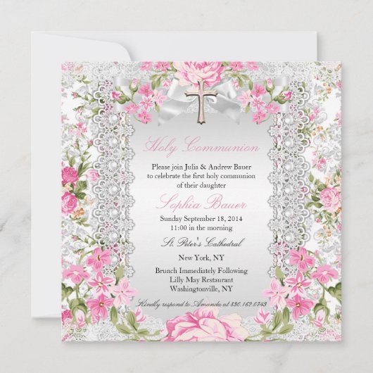 ヴィンテージフローラクロス第1コミューニオンピンク4 招待状 (正面)