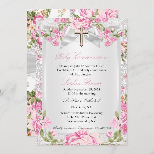 ヴィンテージフローラクロス第1コミューンピンク3 招待状 (正面/裏面)