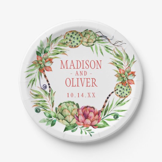 ヴィンテージフローラグリーン&ピンク多肉質 | 結婚s ペーパープレート (正面)