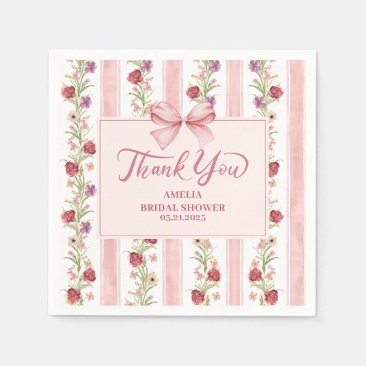 ヴィンテージフローラコケットピンクボウブライダルシャワー スタンダードカクテルナプキン (正面)