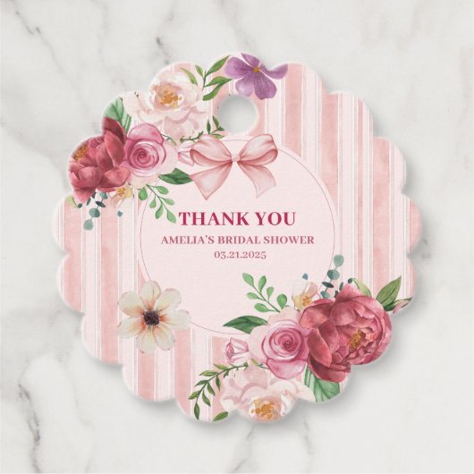 ヴィンテージフローラコケットピンクボウブライダルシャワー フェイバータグ (正面)