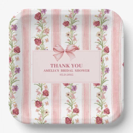 ヴィンテージフローラコケットピンクボウブライダルシャワー ペーパープレート (正面)