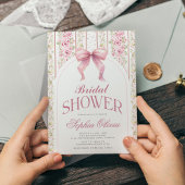 ヴィンテージフローラコケットピンクボウブライダルシャワー 招待状