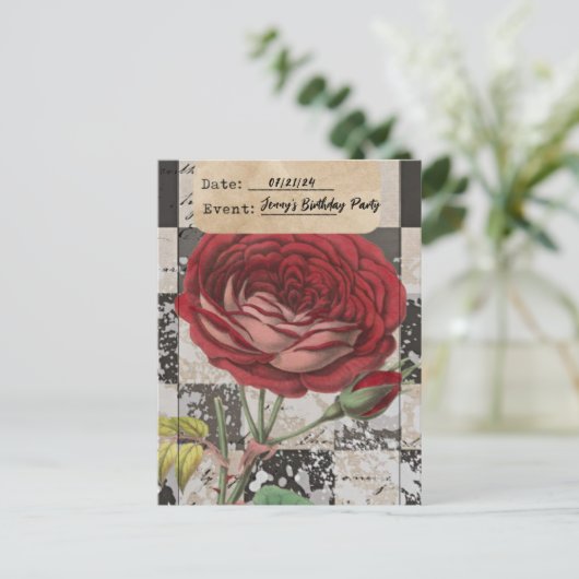 ヴィンテージフローラコラージュ誕生日パ救ーティ日付 ポストカード (スタンド正面)