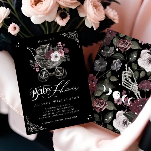 ヴィンテージフローラゴシックベビーカー不気味ベビーシャワー 招待状
