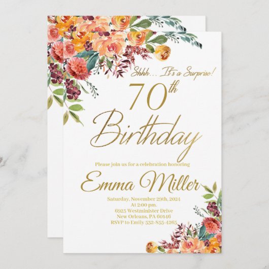 ヴィンテージフローラサプライズ70th誕生日パーティー 招待状 (正面/裏面)
