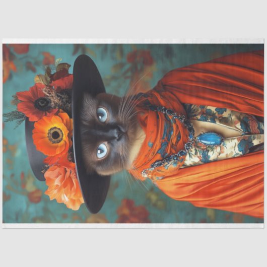 ヴィンテージフローラシャム猫デコパージュ 薄葉紙 (正面)