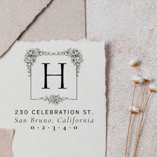 ヴィンテージフローラスはっきりしたクエアモノグラム差出人住所 セルフインキングスタンプ