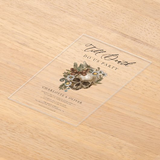 ヴィンテージフローラスカルとバタフライゴシック結婚ズ アクリル招待状 (レイダウン)