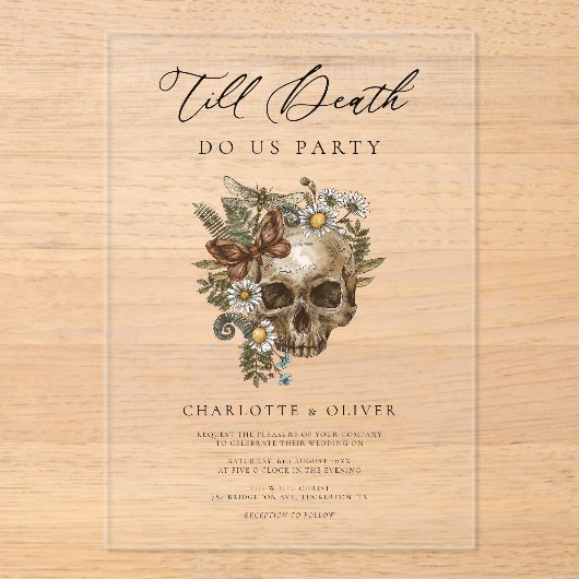 ヴィンテージフローラスカルとバタフライゴシック結婚ズ アクリル招待状 (正面)