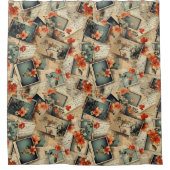 ヴィンテージフローラスクラップブックパターン シャワーカーテン (正面)